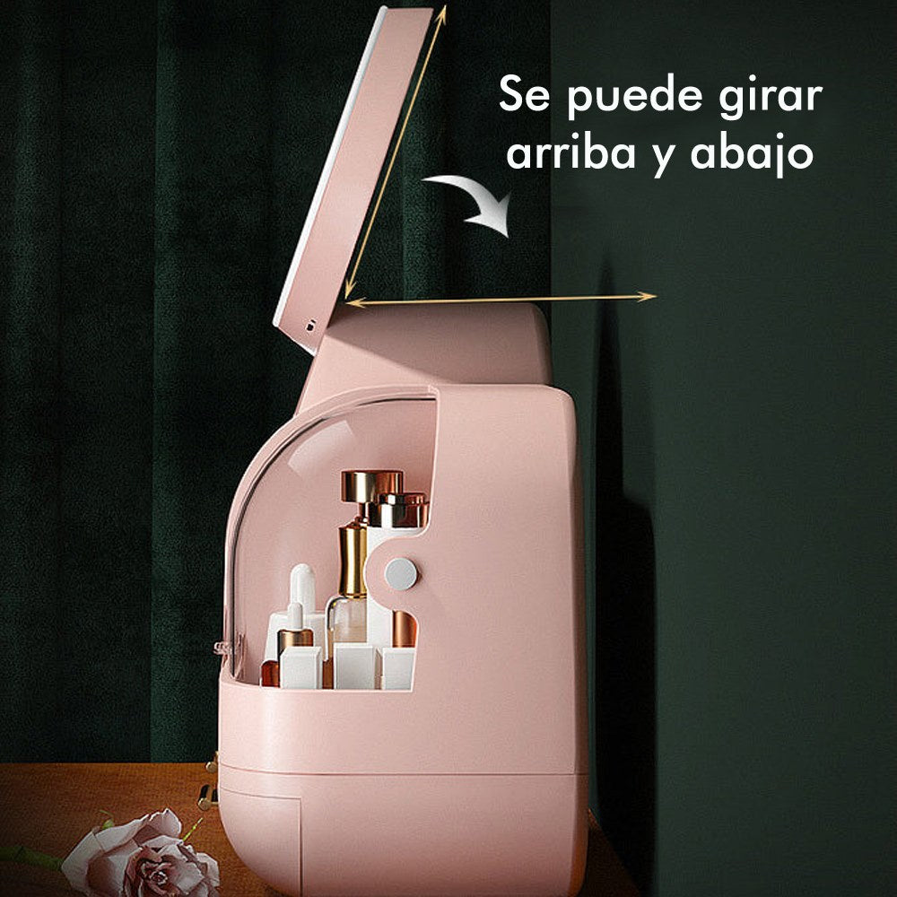 Caja organizadora  de maquillaje con espejo con luz led verde Joybos